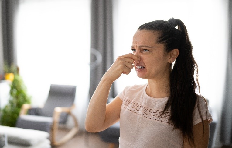 A Lady Pinching Her Nose From Foul Odors | Causes of Musty Smells